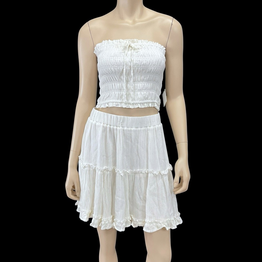 Statement Skirt Set Medium Ivory Strapless Smock Top & Ruffle Elastic Waist NWT